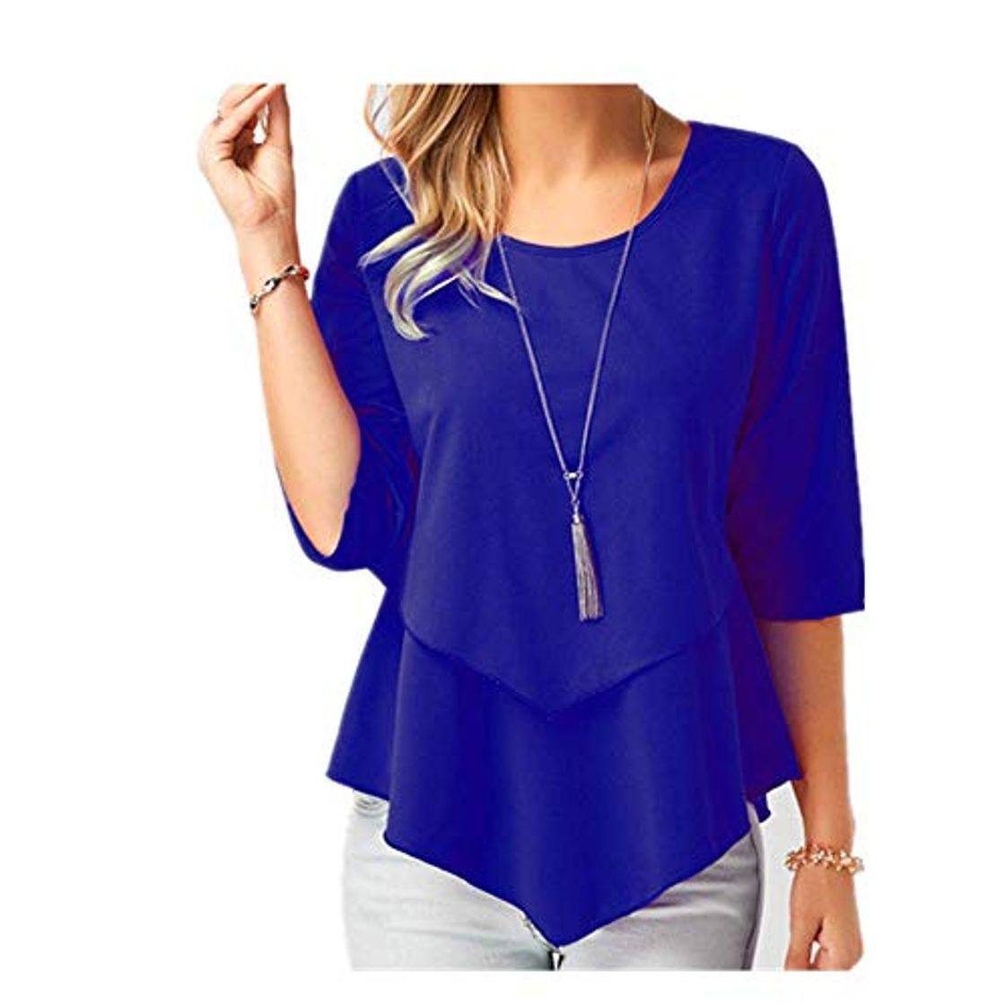 Moda La primavera de la mitad de la manga de gasa blusa de las mujeres más el tamaño sólido suelto casual camisas elegantes de verano de las mujeres tops y blusas Azul azul XXXL