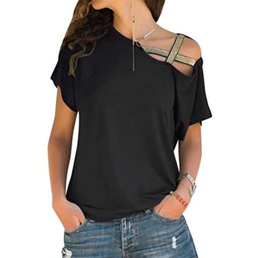 Camiseta Hombros Descubiertos Mujer Camisetas Lisas Sin Hombros Manga Corta Mujeres Oversize Anchas Tops Verano Casual Remeras Largas Damas Playeras Camisas Señora Blusas Amplias Negro XL