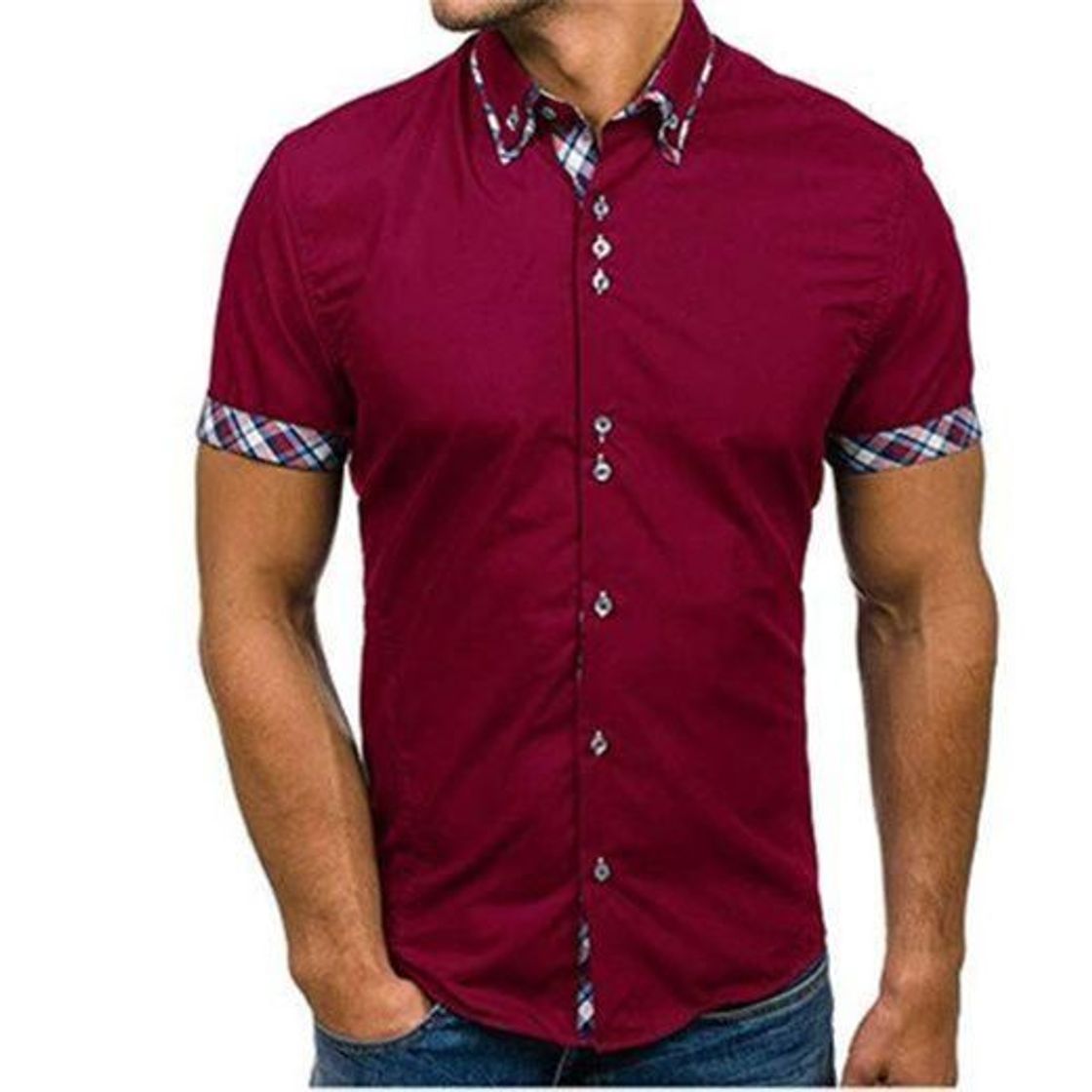 Fashion JINYAUN Slim Fit Camisa Masculina Moda Hombre Business Patchwork Botón Casual Plaid Manga Corta Top Blusa cómoda Vino Tinto M