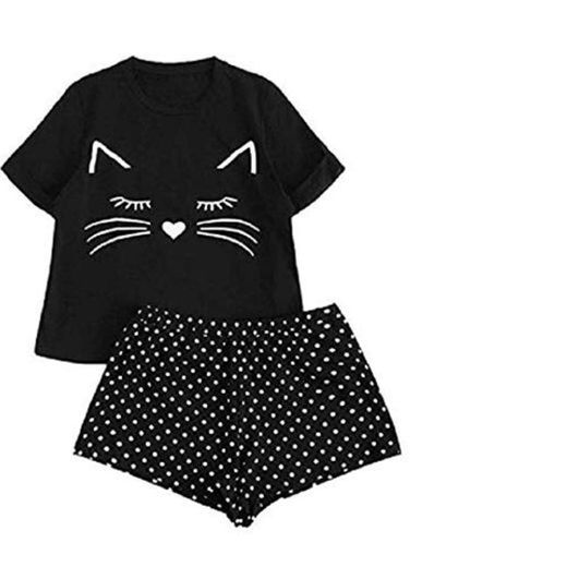Conjunto de Pijama Estampado Cactus para Mujer Shorts Casuales para niñas Camiseta con Volantes de Manga Corta Ropa de Dormir Conjunto de Pijama