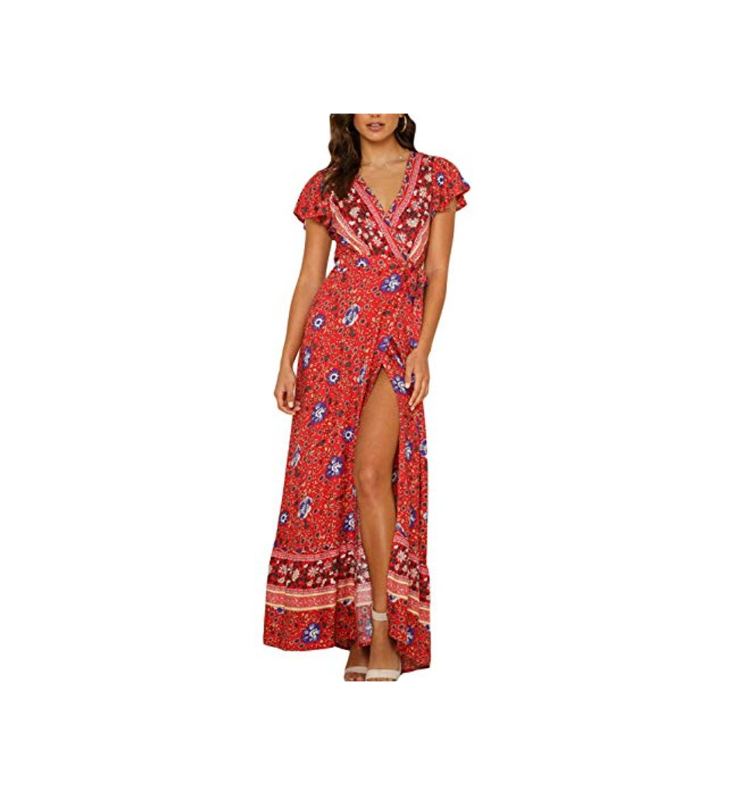 Product Vestido Mujer Bohemio Largo Verano Playa Fiesta Floral Manga Corta Cuello en V Talla Split Wrap Maxi Vestidos 3 M