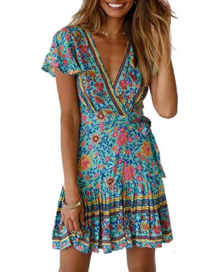 Fashion Abravo Mujer Vestido?Bohemio Corto Florales Nacional Verano Vestido Casual Magas Cortas Chic