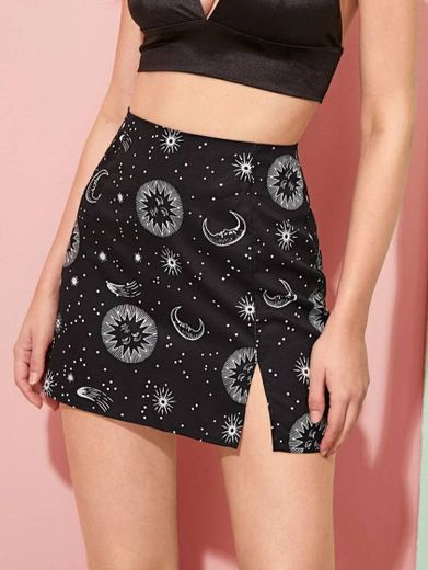 Moon & Sun Print High-Rise Mini Skirt | SHEIN USA