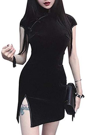 Mujeres Sexy Cheongsam Manga Corta Bodycon Vestido De Terciopelo Mejorado Ropa China Negro S