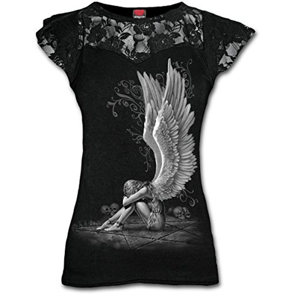 Product Spiral Direct Enslaved Angel-Lace Layered Cap Sleeve Top Camiseta, Negro