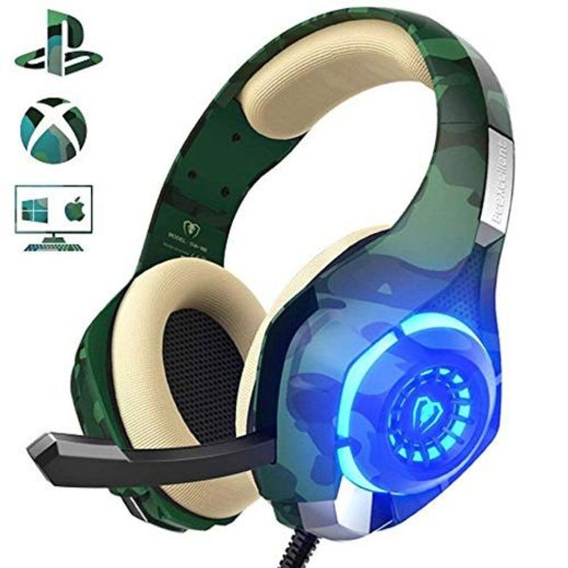 Social Cascos para PS4 Xbox One PC Nintendo Switch, Beexcellent GM-1【Camuflaje】con Sonido Envolvente