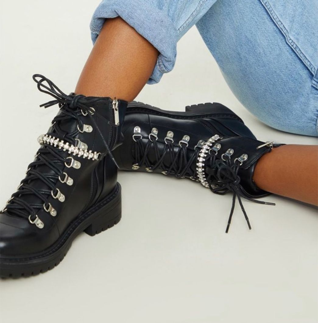 Social Black Diamante Detail Hiker Ankle Boot