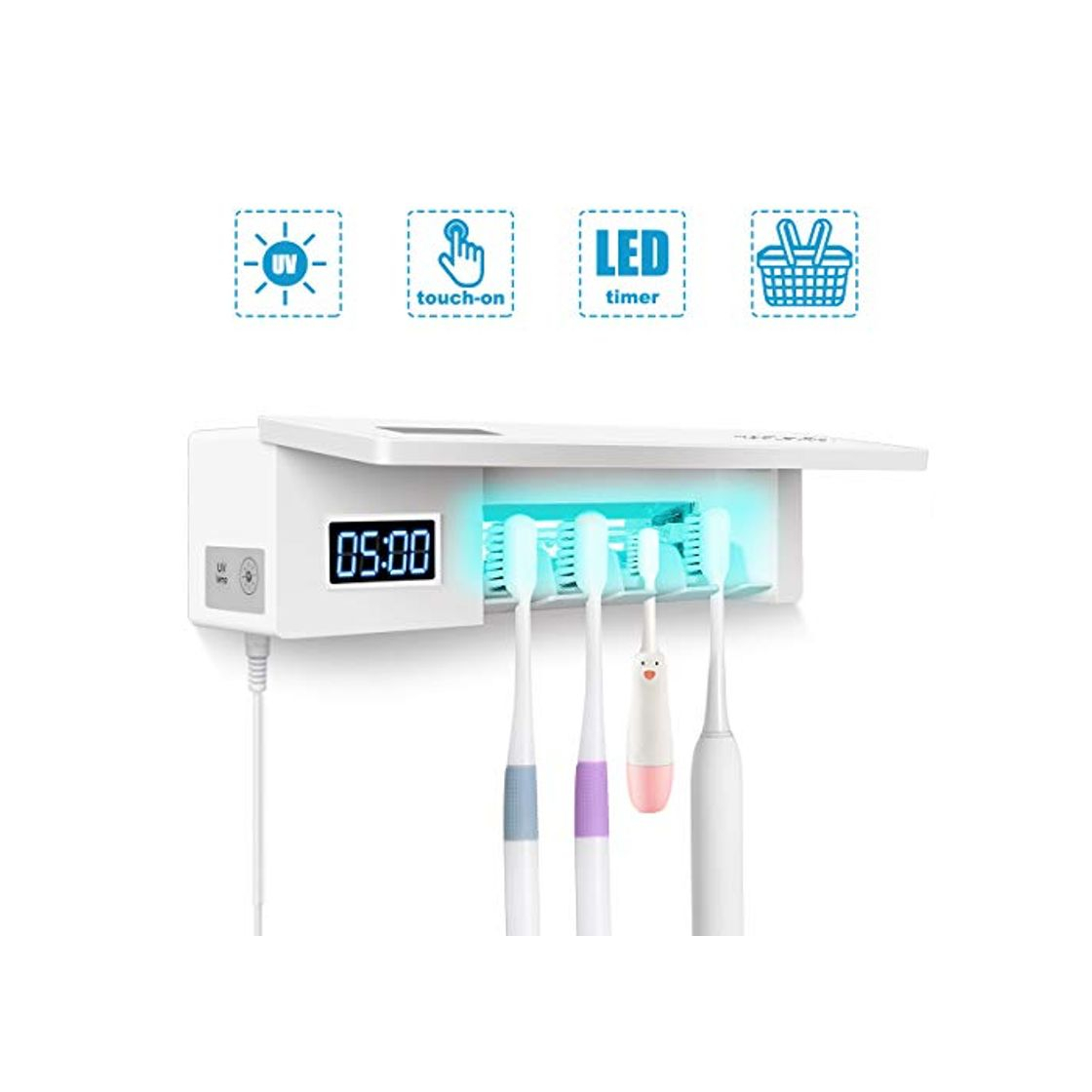 Producto Portacepillos de dientes MECO Soporte de dientes de UV Esterilizador con 5 Ports de Dientes Soporte de Pared con Cubierta Antipolvo Accesorios de Baño para Niño