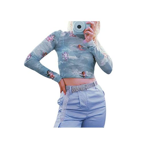 Loalirando Crop-Top Transparente Mujer Sexy de Manga Larga con ángeles Impresos Top