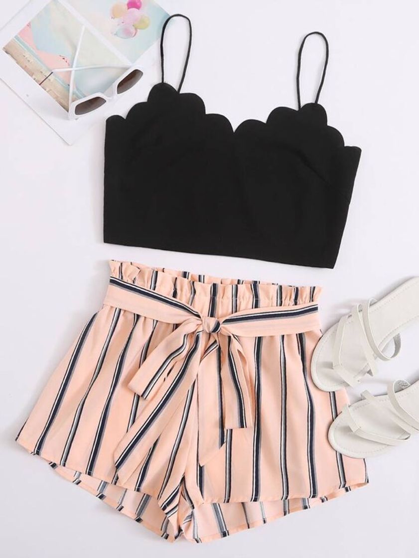 Producto Scallop Trim Crop Cami Top & Belted Striped Shorts Set