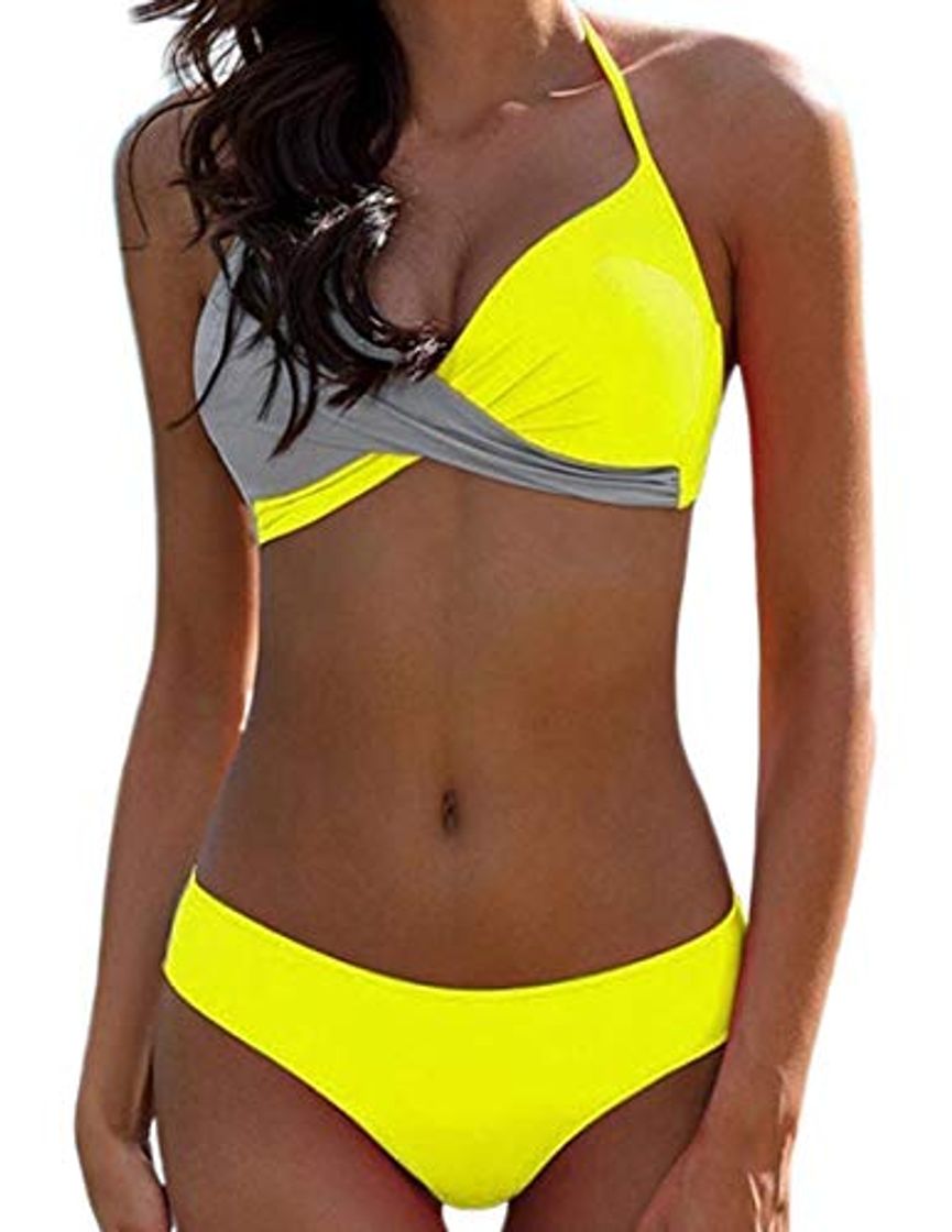 Social Bikini Elegante Traje de Baño Conjunto Bañador Halter Sexy Sólido para Mujer