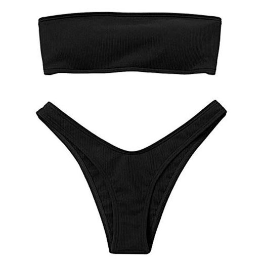 Voqeen Mujeres Sexy Bandeau Traje de baño Cuello Alto sin Tirantes Acanalado Cojín extraíble Conjunto de Bikini de Cintura Baja