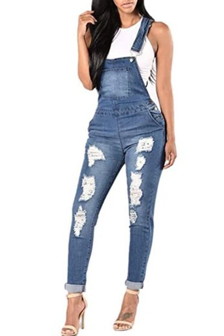 Social Overol de Mujer Jean Monos de Mezclilla sin Mangas Delgados con Agujeros Rasgados Casuales Azul M