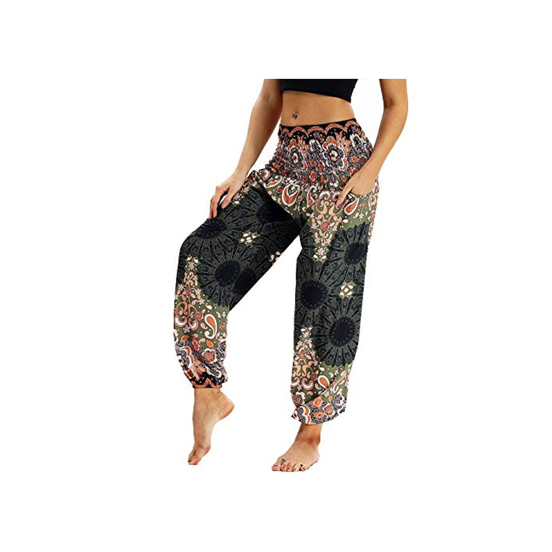 Products Nuofengkudu Mujer Pantalones Harem Tailandes Hippies Vintage Boho Flores Verano Alta Cintura Elastica Casual Danza Yoga Pants Bombachos Marrón Floral