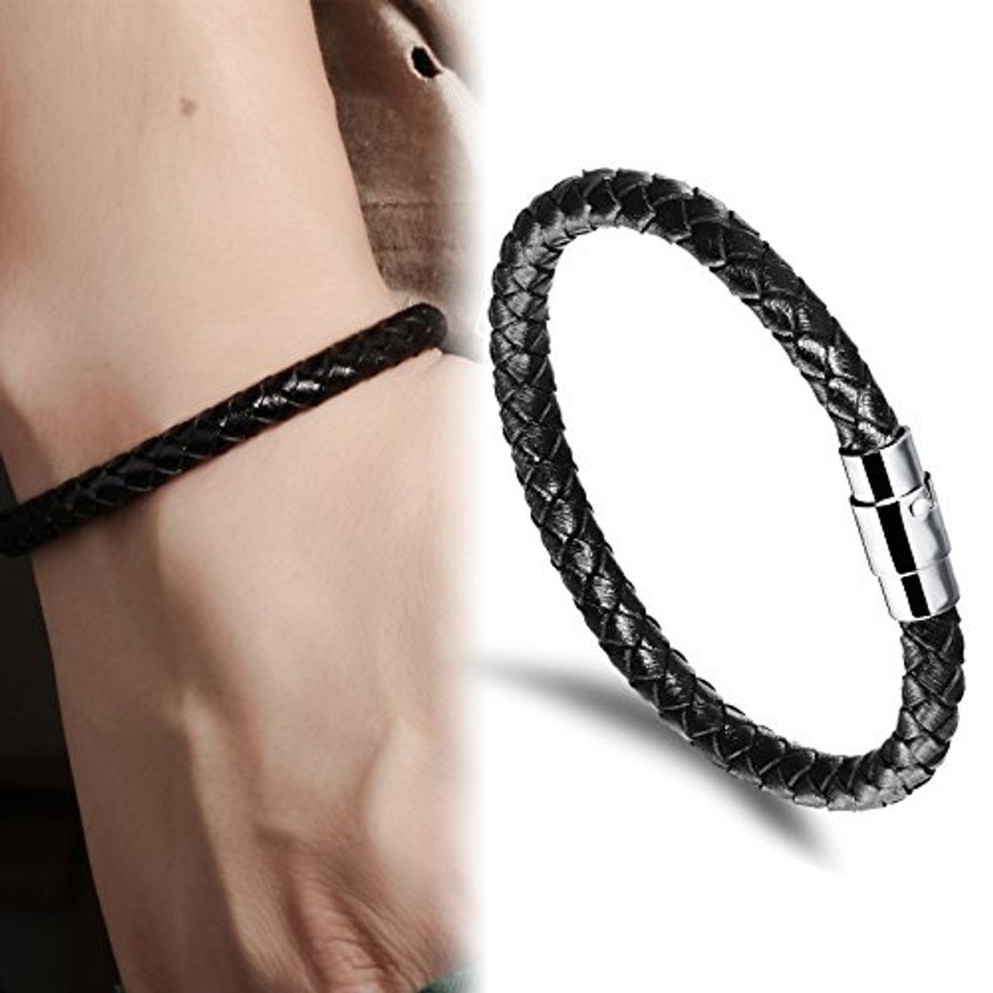 Products Brazalete negro para hombres Pulsera trenzada de cuero genuino de acero inoxidable,