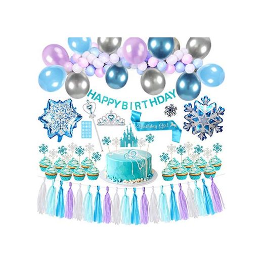 Tacobear Elsa Frozen Fiesta Cumpleaños Decoración Azul Fiesta Guirnalda de Globos Cake Cupcake Topper Banner Guirnalda de Borlas Tiara Varita mágica para Niñas Frozen Cumpleaños Fiesta Suministros