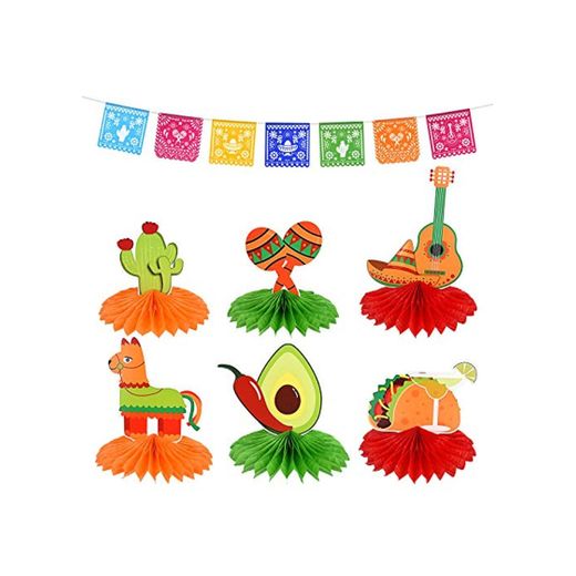 FEPITO 6Pcs Fiesta Honeycomb Table Centerpiece and Mexican Party Banners Fiesta Banners
