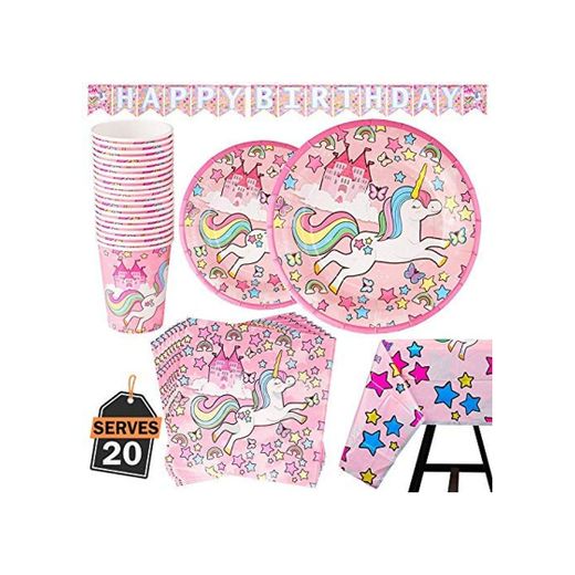 82 Piezas–Vajilla Diseño de Unicornio Desechable–Accesorio de Decoración de Fiesta de Cumpleaños-Apoyo