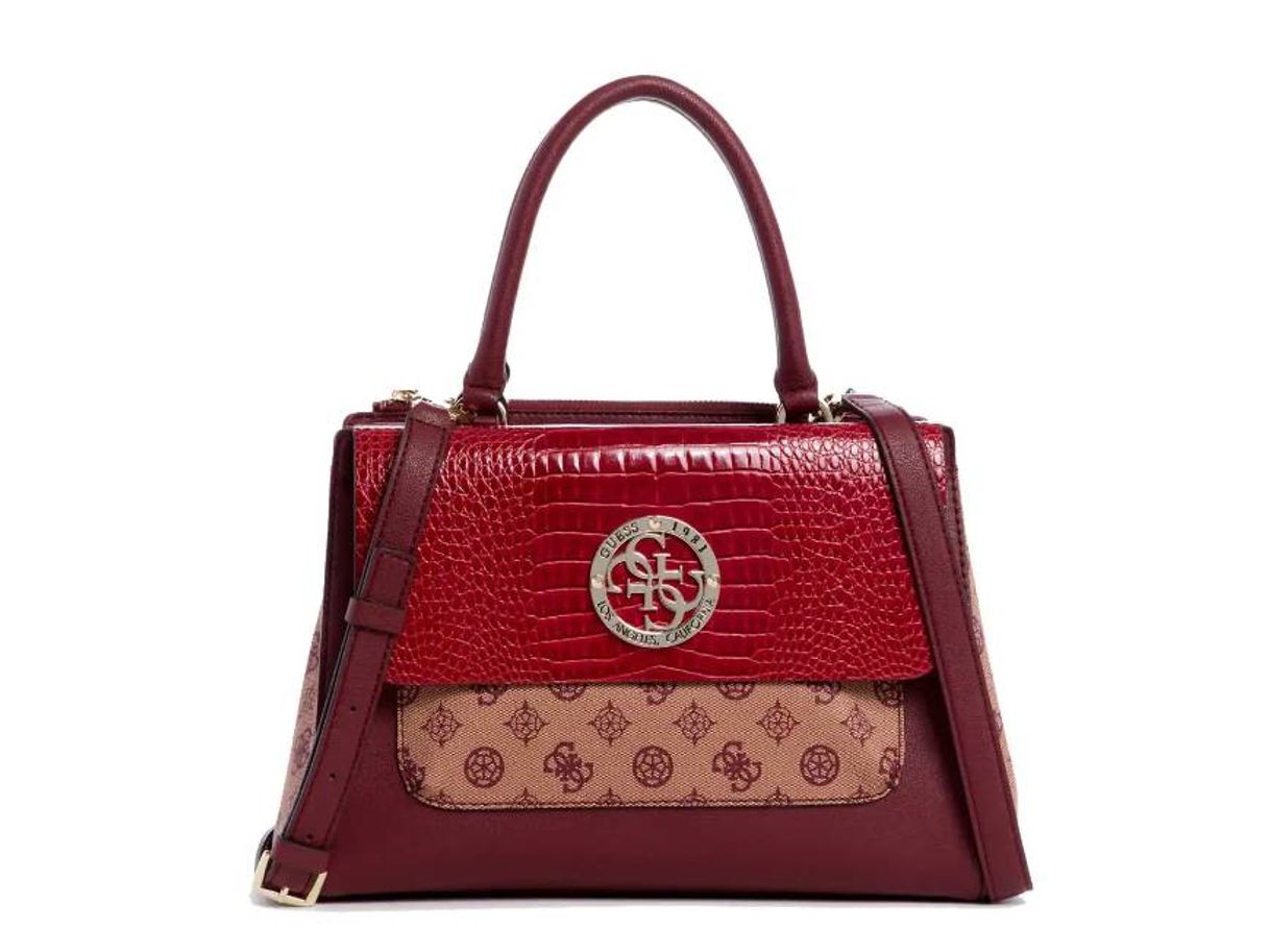 Moda Bolsa satchel Guess broche roja con diseño gráfico

