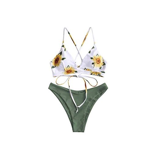 CheChury Mujeres Conjunto de Bikini con Relleno Halter Bañador Push Up Tirantes Cruzados Bikini Floral impresión Trajes de baño