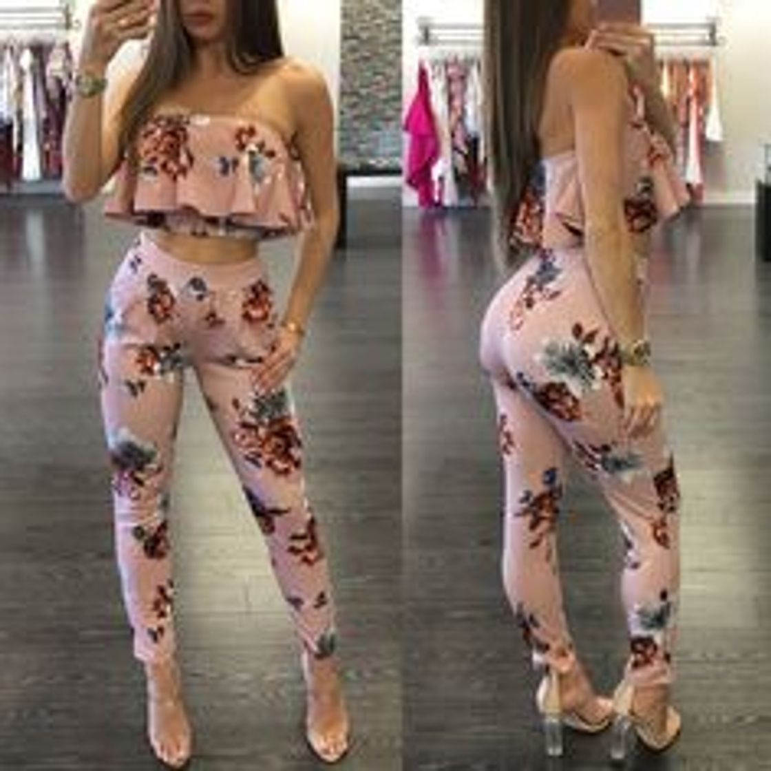 Fashion La Mujer 2 Piezas Conjunto Volantes Correa De Espagueti Crop Top Floral Print Largos Pantalones Conjuntos Set Grey2 M