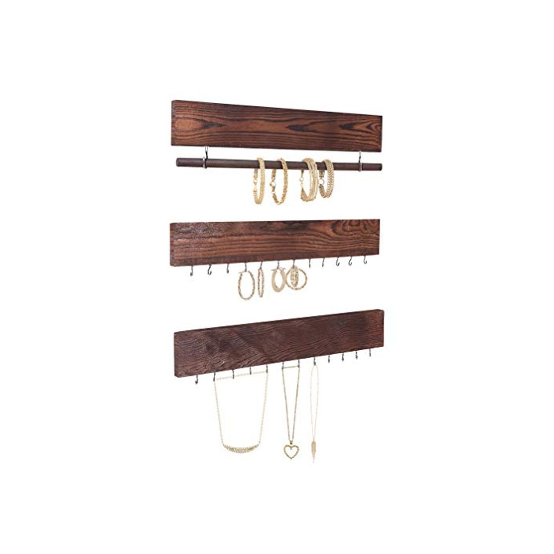 Product Comfify Set of 3 Rustic Wood & Gold Tone Metal Jewelry Organizers