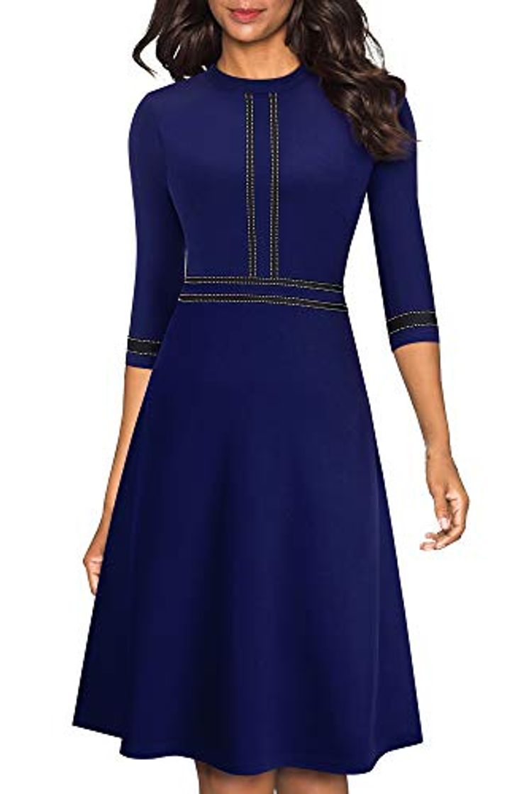 Social HOMEYEE Vestido de cóctel Retro de Manga 3/4 con Cuello Redondo Vintage