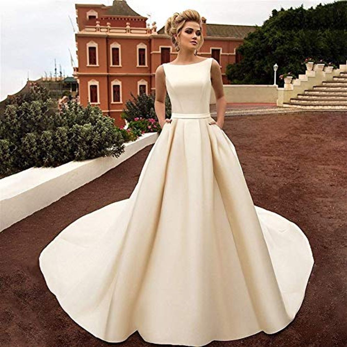 Social ztmyqp Simplicidad Elegante Vestido de Novia Scoop Elegante Arco sin Respaldo Sexy Satén Suave Simplicidad Elegante Vestido de Novia Nuevo sin Mangas Vestidos de Novia Simples Vestido de Noiva Simpl