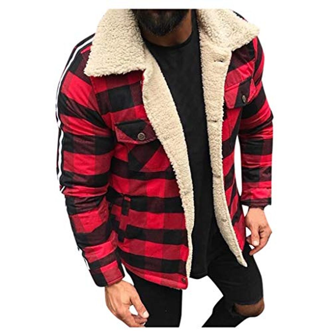 Fashion waotier Chaqueta Moda Masculina Cazadora Compuesto a Cuadros Forro de Pelusa Cárdigan Casual Botón Blusa Felpa Tops Abrigo