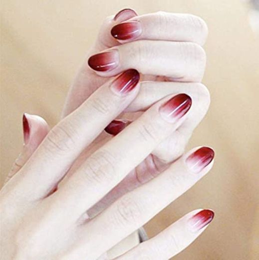 Handcess Uñas postizas ovaladas Vino brillante Presione sobre uñas Uñas cortas rojas Cubierta completa Puntas de uñas falsas para mujeres y niñas