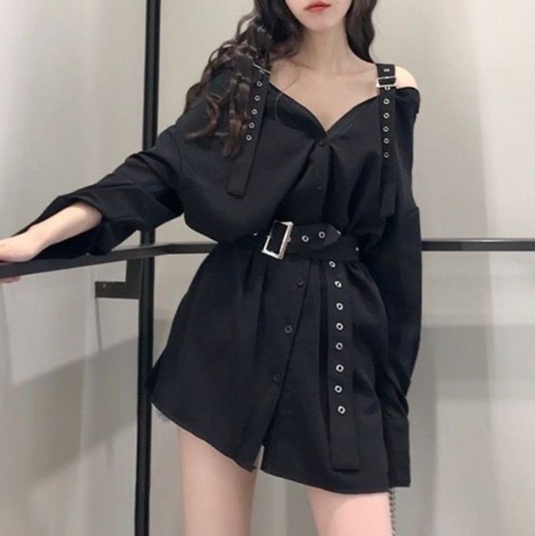 Fashion Off Shoulder Black Dress With Long Sleeves And Belt