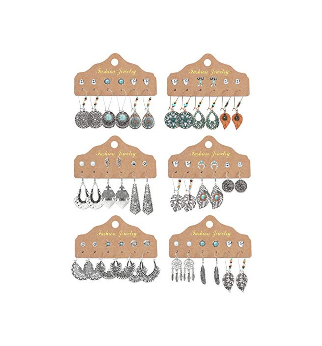 Moda CASSIECA 36 pares Pendientes Colgantes de Retro para Mujeres Niñas Pendientes de Bronce de Plata Vintage con Perla Hoja Hueca Turquesa Incrustación Joyería Bohemia para Regalos de Cumpleaños Fiesta