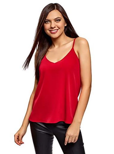 oodji Ultra Mujer Top de Tejido Fluido con Tirantes Finos, Rojo, ES