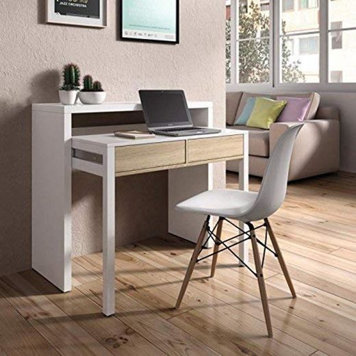 Habitdesign - Mesa Escritorio Extensible, Mesa Estudio Consola, Color Blanco y Roble