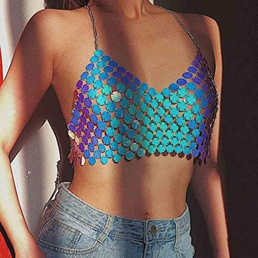 Yean Moda Lentejuelas Cuerpo Cadena de Metal Bikini Halter Crop Top sin Respaldo Sujetador Joyería Accesorios para Mujeres y Niñas