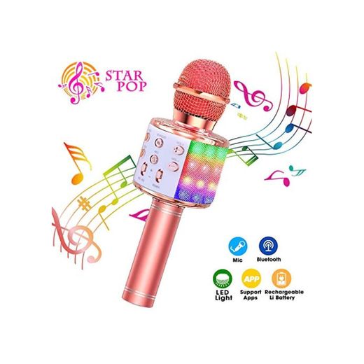 ShinePick Micrófono Karaoke Bluetooth, 4 en1 Microfono Inalámbrico Karaoke Portátil con Luces