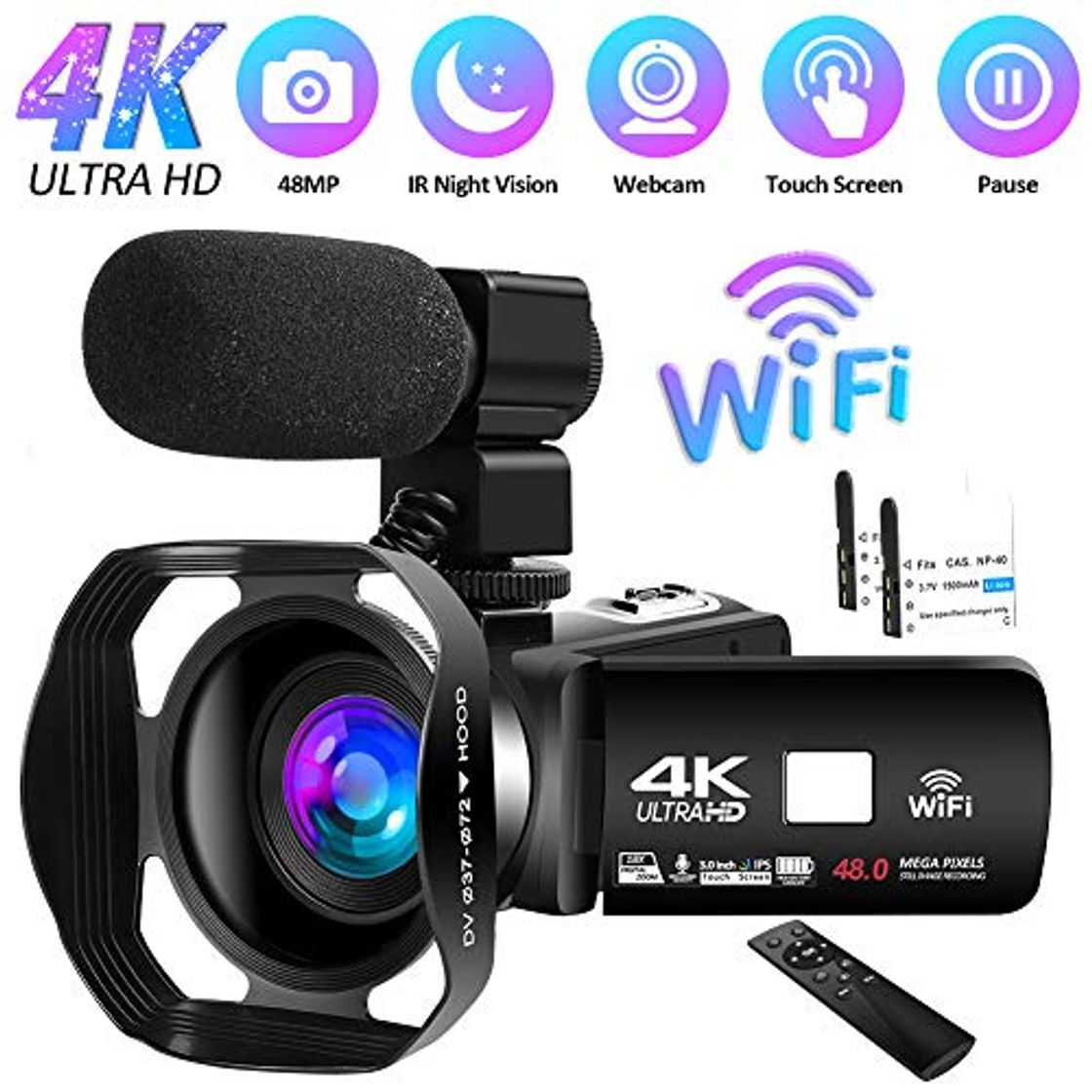Social Videocamara 4K Cámara de Video de 48MP 18X Cámara de Vlogging WiFi Cámara de Visión Nocturna por Infrarrojos Videocámara Full HD con Control Remoto Inalámbrico de 360 °