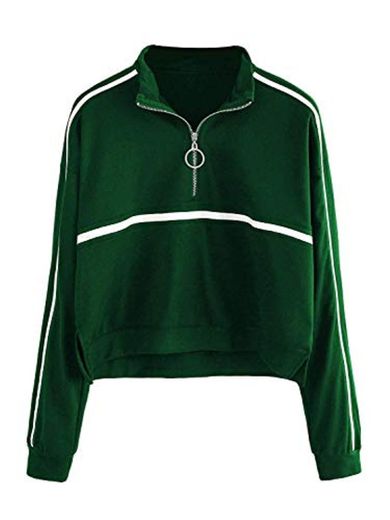 ROMWE Women's Zip Front High Neck Tape Striped Detail Crop Sweatshirt