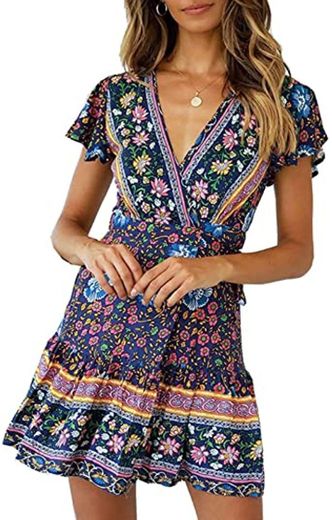 Abravo Mujer Vestido?Bohemio Corto Florales Nacional Verano Vestido Casual Magas Cortas Chic