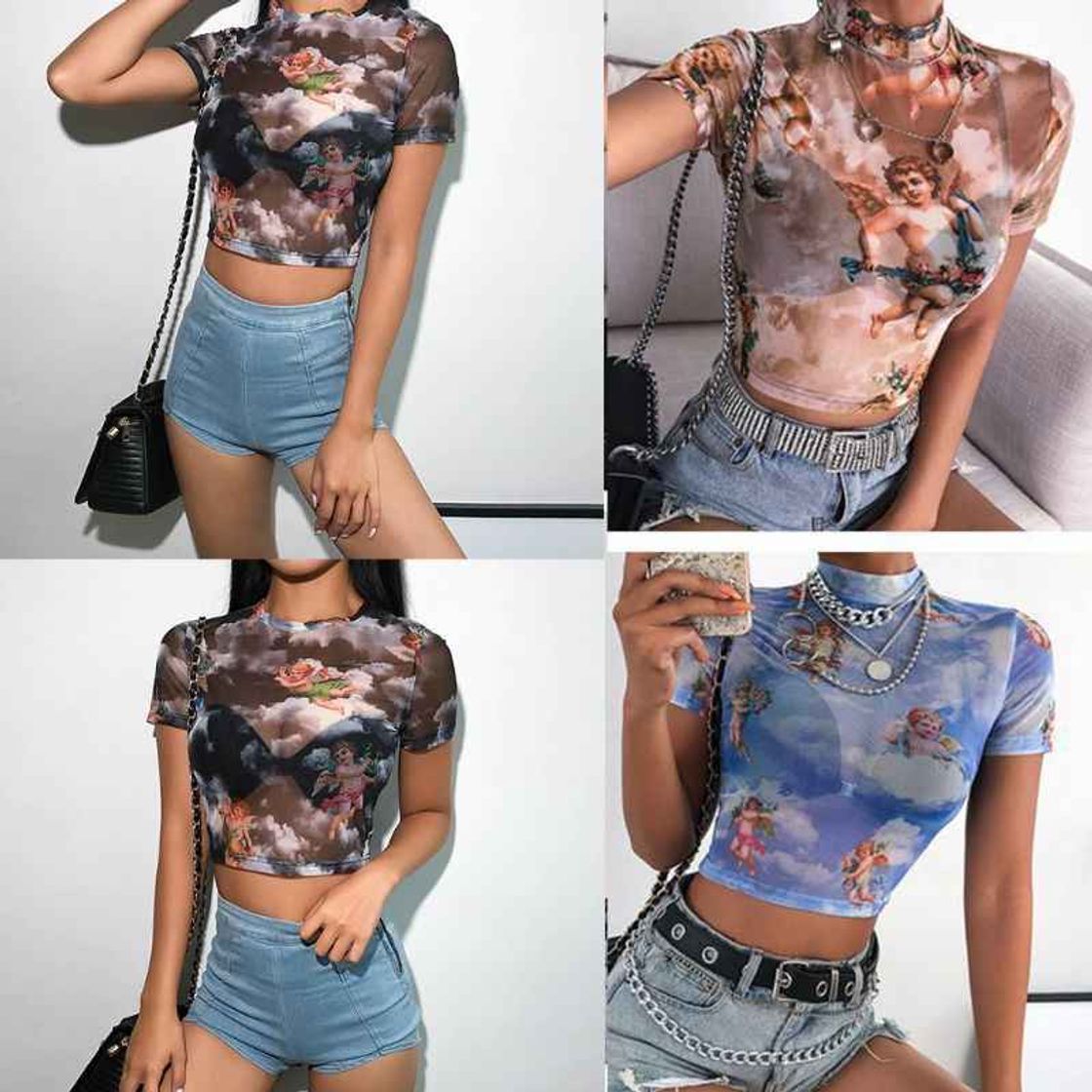 Moda Mujeres Manga Corta Falso Cuello Ángel Imprimir Sexy Sheer Mesh Crop Tops