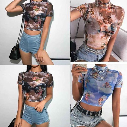 Mujeres Manga Corta Falso Cuello Ángel Imprimir Sexy Sheer Mesh Crop Tops