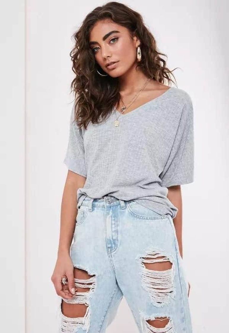 Fashion Grey Rib V Neck Oversized Boyfriend T Shirt | Missguided