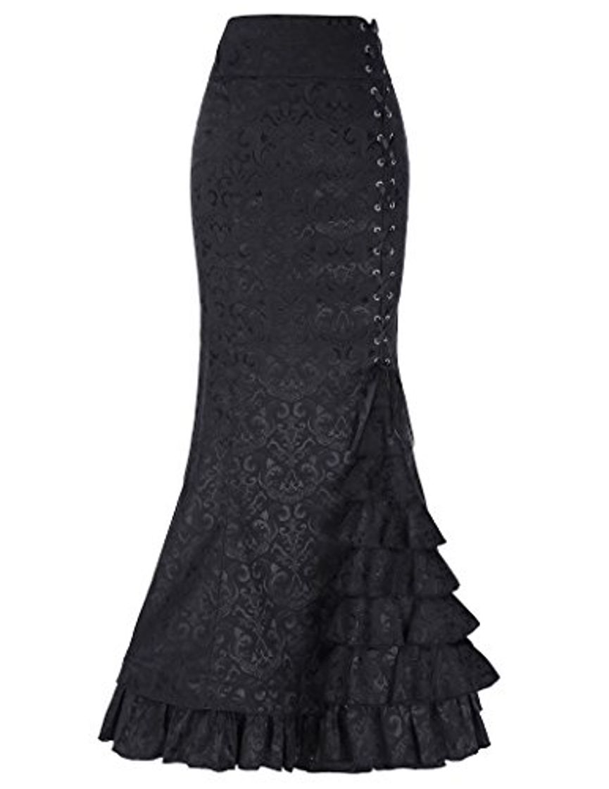 Moda Belle Poque Mujer Arrugas Falda de Encaje de Cintura Alta Jacquard Negro