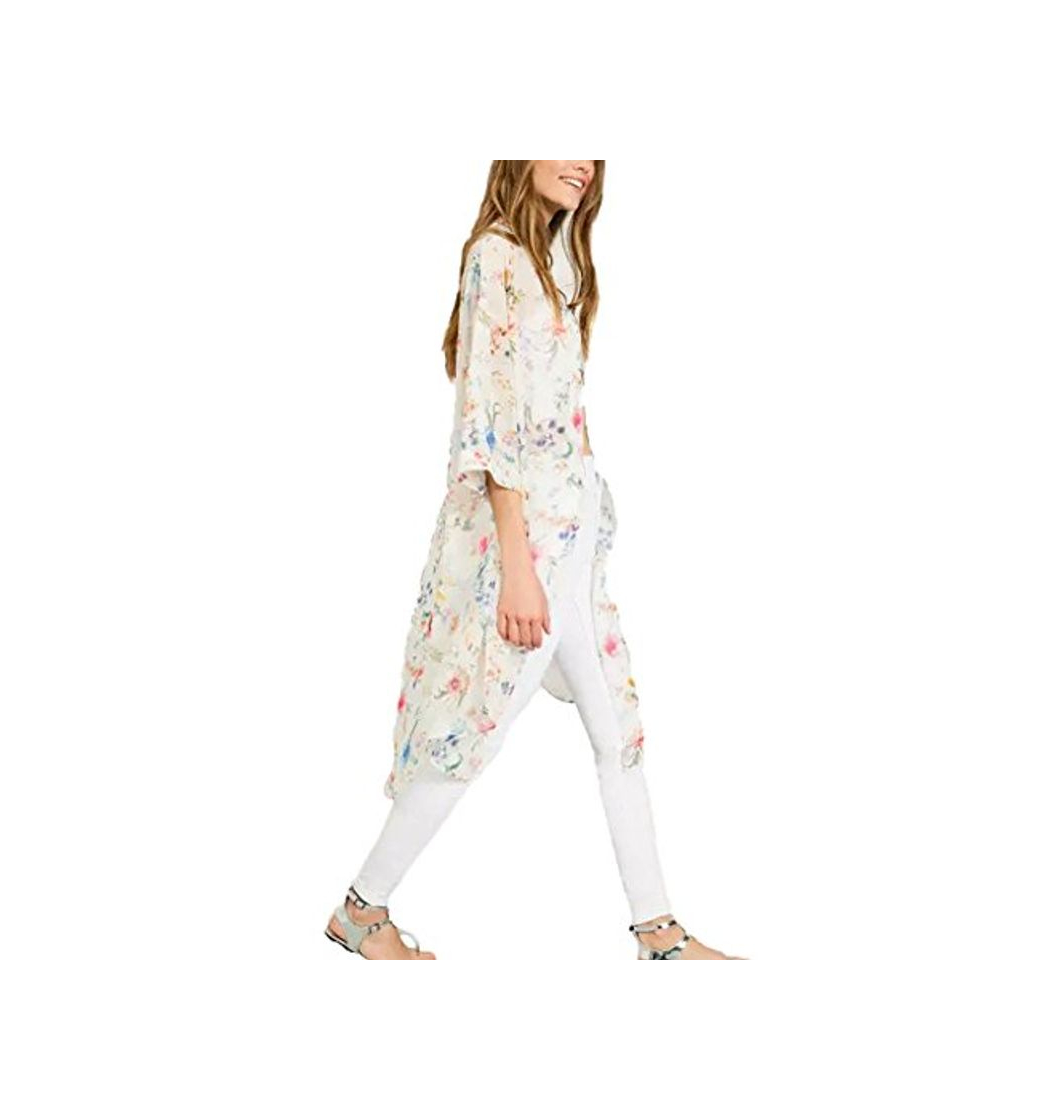 Productos Minetom Mujeres Verano Impreso Floral de la Gasa Mantón Kimono Cardigan Tops Cover Up Mujeres Floral Flor borlas mantón Kimono Blusa Escudo Cardigan Tops Blanco ES 42