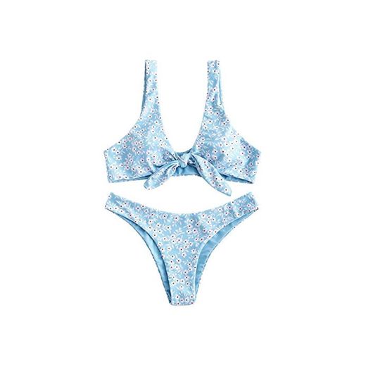 ZAFUL Mujer Flores Bajo Cintura Delantera Bikini Set Dulce Dos Unidades Bañador azul celeste M