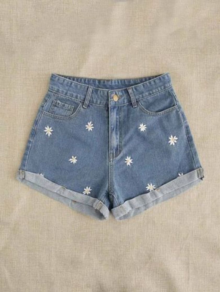 Fashion Shorts Denim Con Bordado Floral De Margarita