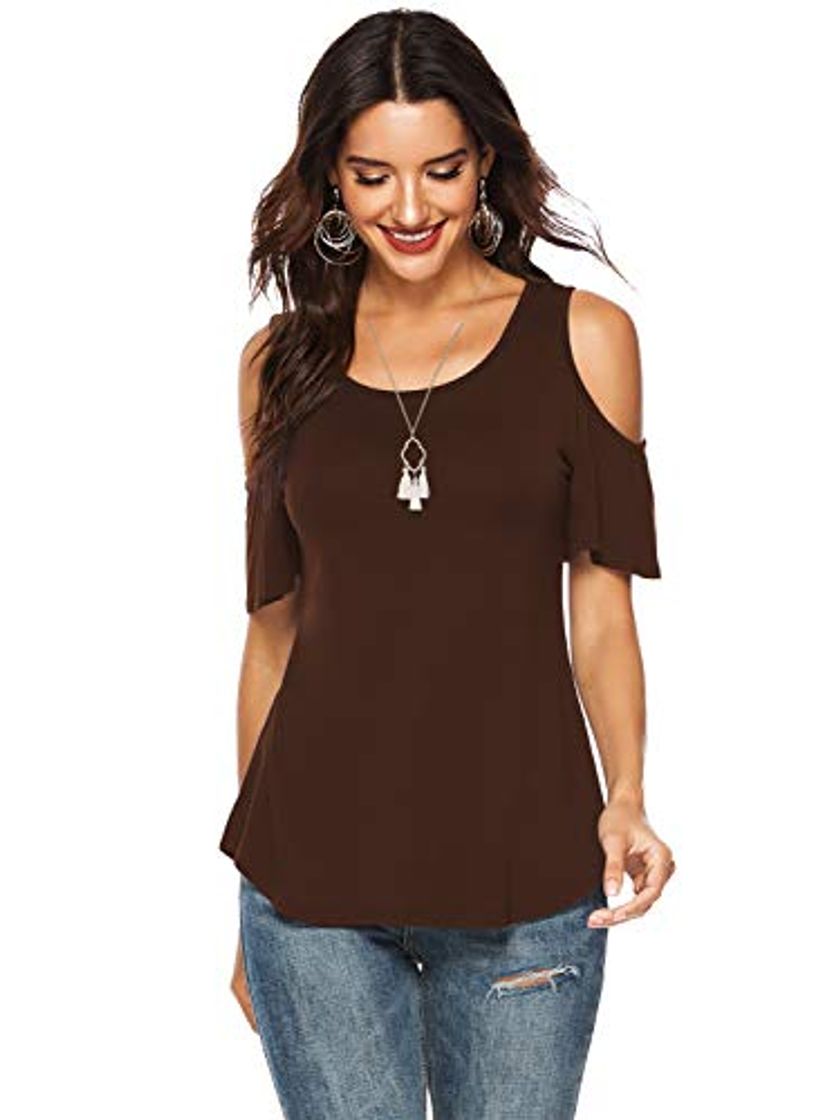 Fashion Amoretu Camisetas Manga Corta Cuello Redondo Off Shoulder Tops Loose Pullover Shirt Café 2XL