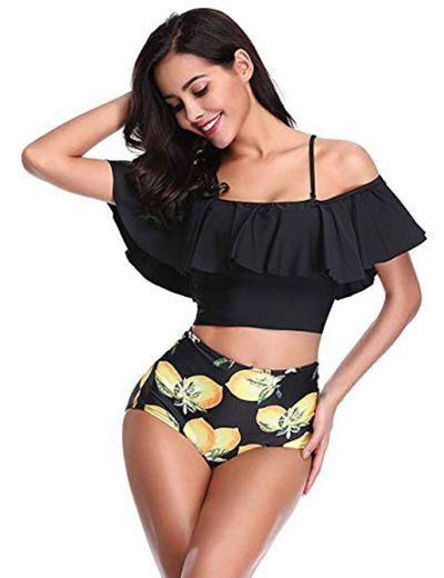 Sykooria Traje de baño para Mujer Conjunto de Bikini de Cintura Alta Tankini Flounce Halter Traje de baño para Mujer Traje de baño en la Playa