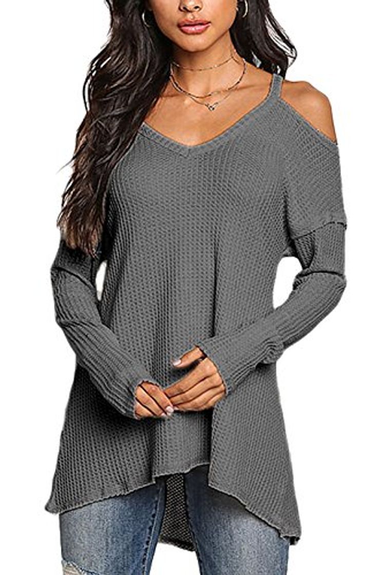 Social YOINS Camiseta Mujer de Manga Larga Camisa con Hombros Fríos Color Sólido Cuello en V Blusa Gris Oscuro S