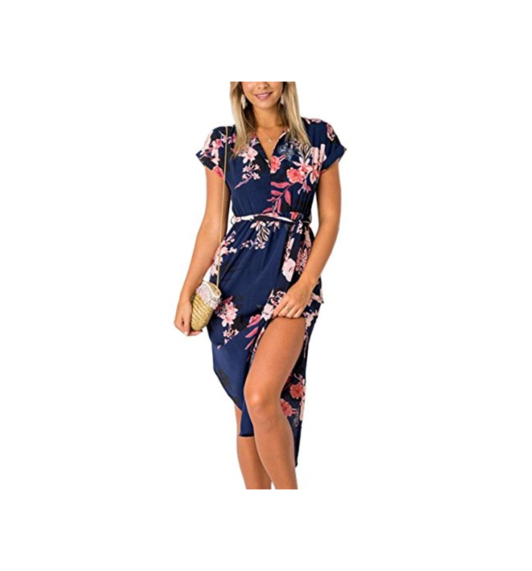 Moda ECOWISH Vestido de verano casual con cuello en V estampado floral geométrico estampado Azul azul L